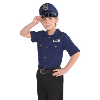 Child wearing a police officer costume saluting.