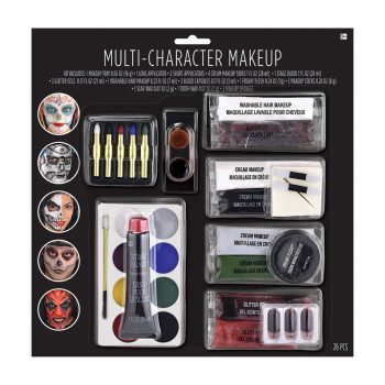 Multi-character makeup set with various tools.