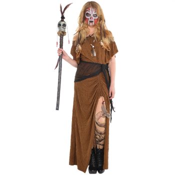 Woman in tribal costume with staff.