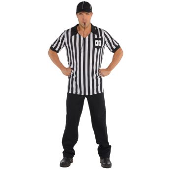 Referee in striped uniform with whistle.
