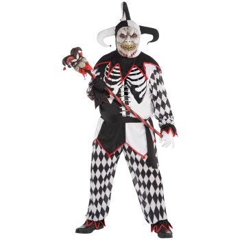 Creepy jester costume with mask and staff.