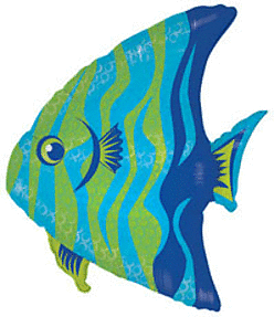 Colorful blue and green tropical fish illustration.