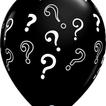 Black balloon decorated with white question marks in various styles.