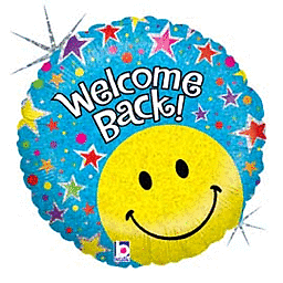 Colorful welcome back balloon with smiley face and stars.