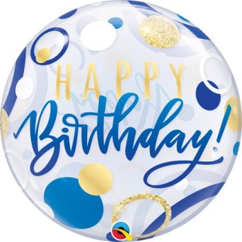 Birthday balloon with blue and gold design.