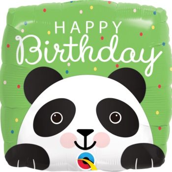 Cute panda holding a green birthday balloon with confetti.