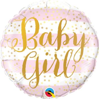 Baby girl balloon with pink stripes.