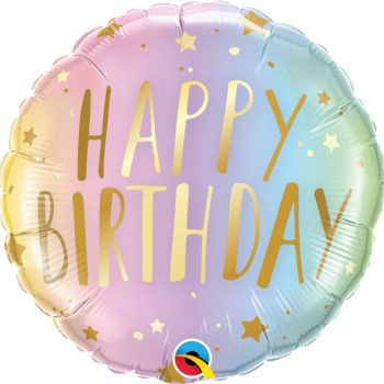 Colorful balloon with Happy Birthday in gold letters.