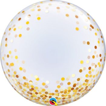 Transparent balloon filled with gold confetti dots.