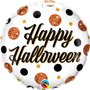 A festive balloon with 'Happy Halloween' and orange, black polka dots.