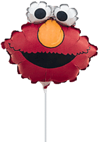 A red balloon shaped like Elmo's face from Sesame Street.