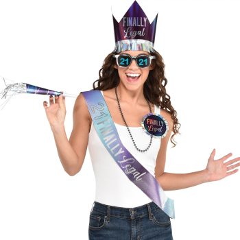 Woman celebrating 21st birthday with accessories.