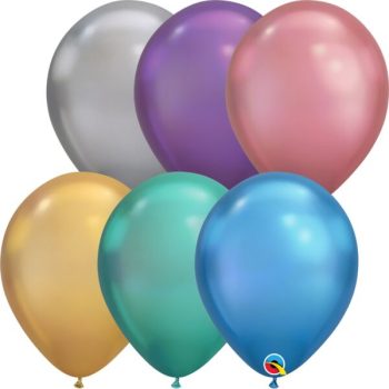 A bunch of six colorful helium balloons clustered together.