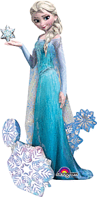 Animated character in blue dress holding snowflake.