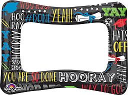 Graduation-themed inflatable photo frame.