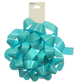 A shiny turquoise gift bow with curled ribbons.