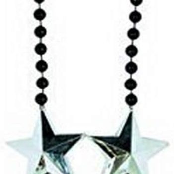 A necklace with two shiny star-shaped pendants and a black beaded chain.
