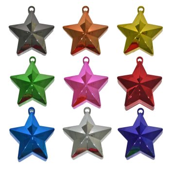 Colorful star-shaped Christmas ornaments in various metallic hues.
