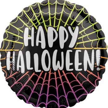 Happy Halloween balloon with colorful spiderweb.