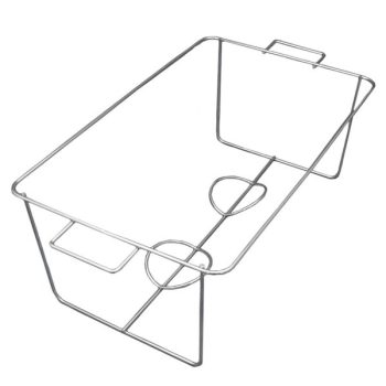 Metal wire rack for holding items, designed with two circular supports and angled sides.
