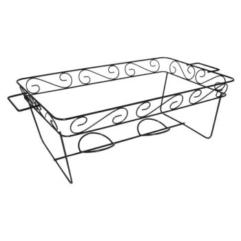 Rectangular metal stand with decorative scrollwork, likely for holding a tray or planter.