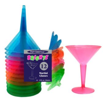 Colorful plastic martini glasses stacked with one displayed.