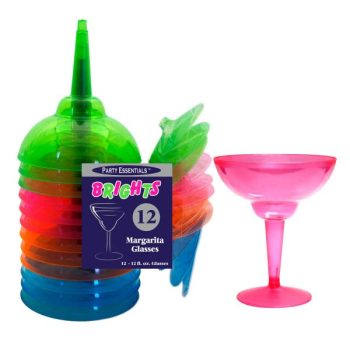Colorful margarita salt in a stackable dispenser with a pink margarita glass.