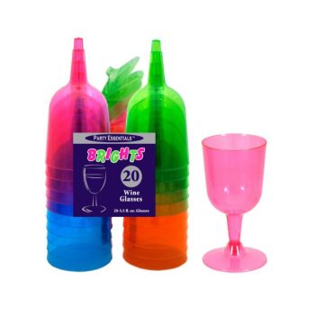 Colorful stackable plastic cups with a pink cup beside them.
