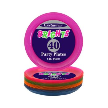 Colorful 40-pack party plates in vibrant colors with a bright pink top plate.