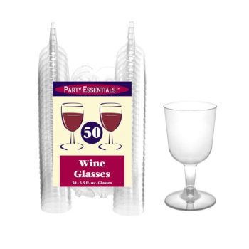 Pack of 50 clear plastic wine glasses with one glass shown.