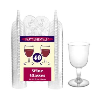 Pack of 40 clear plastic wine glasses for parties.