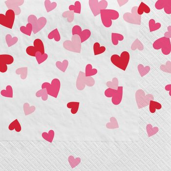 Scattered pink and red hearts on a white background.