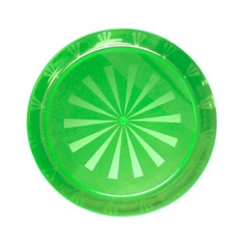 Bright green plastic plate with a radial stripe pattern.