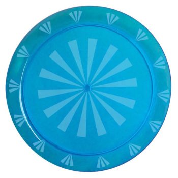 Blue paper plate with a radial pattern design.