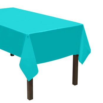 A turquoise tablecloth covering a rectangular table with dark legs.