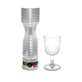 Clear plastic wine glass with a stack of similar glasses inside a transparent container.