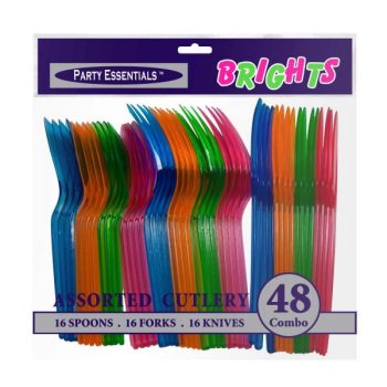 Colorful plastic spoons, forks, and knives set with 48 pieces.