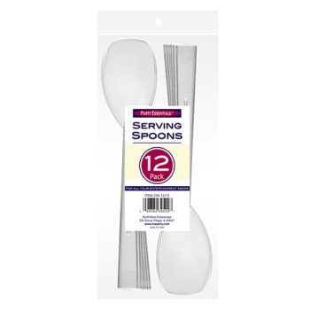 Package of 12 white plastic serving spoons.