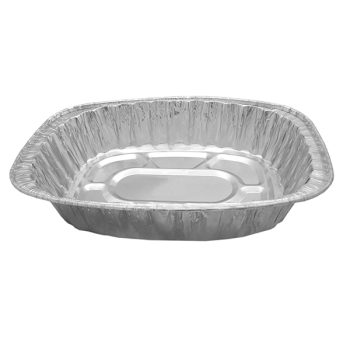 Disposable aluminum foil tray for cooking or serving food.