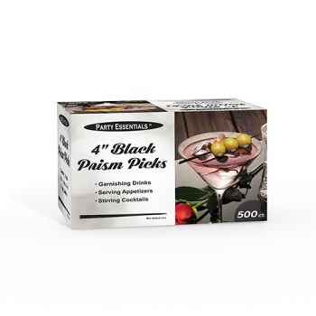 Box of 4-inch black plastic cocktail picks for garnishing drinks.