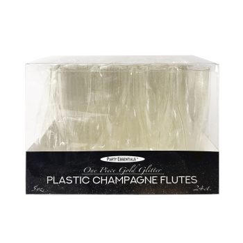 A box of clear plastic champagne flutes.