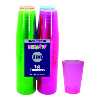 Brightly colored plastic tumblers in green and purple stacked with one purple cup separate.