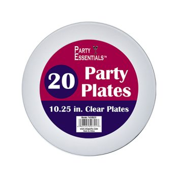 Pack of 20 clear party plates measuring 10.25 inches.