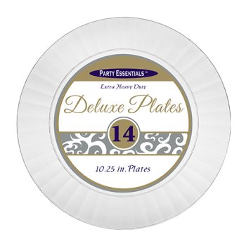 Set of 14 white disposable deluxe plates, 10.25 inches.