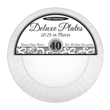 White disposable deluxe plates pack with 40 count.