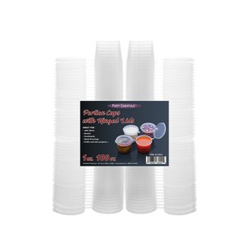 Three stacks of clear disposable plastic cups with a label.