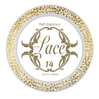 Elegant decorative plate with gold lace design and 'Lace 14' text.