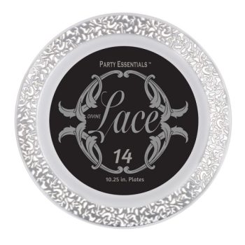 Decorative round lace label with intricate border design.