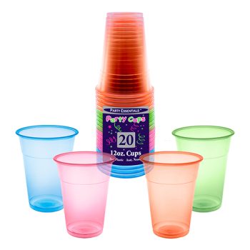 Colorful plastic cups with a pack of 20 disposable cups.
