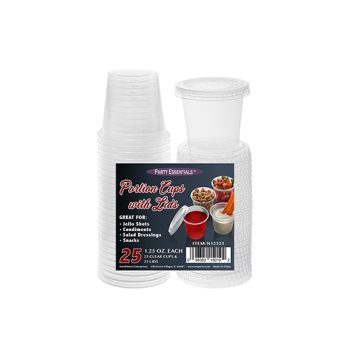 Plastic shot glasses with a measuring cup set for parties and events.